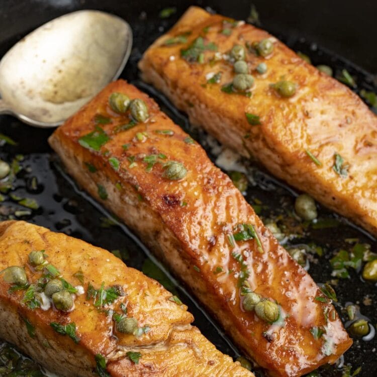 Salmon meuniere in a cast iron skillet