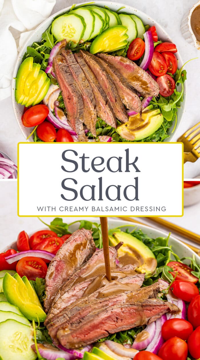 Pin graphic for steak salad