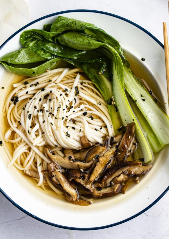 Udon soup in a bowl with blue trim