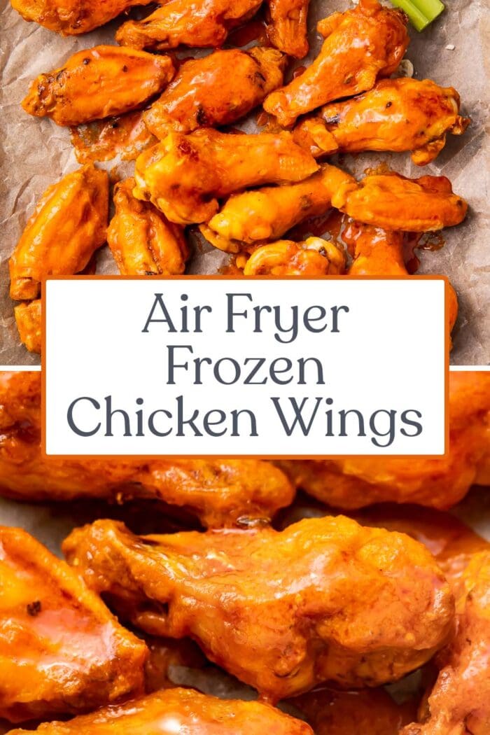 Pin graphic for air fryer frozen chicken wings