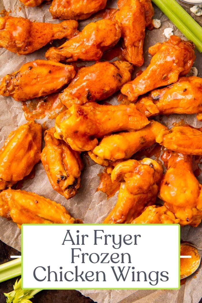 Pin graphic for air fryer frozen chicken wings