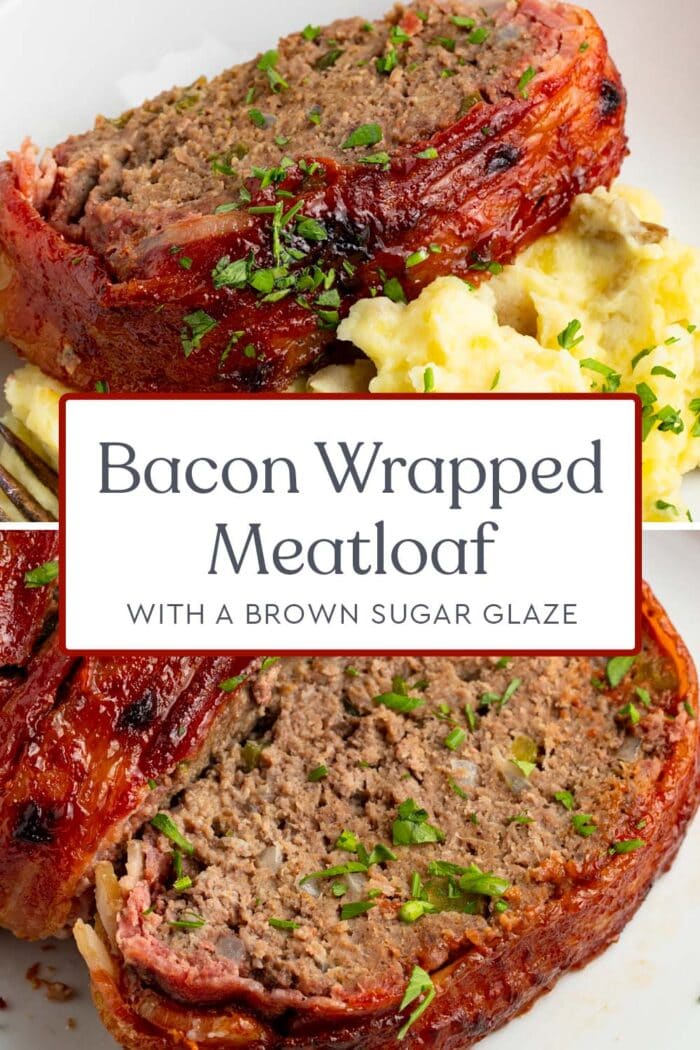 Pin graphic for bacon wrapped meatloaf