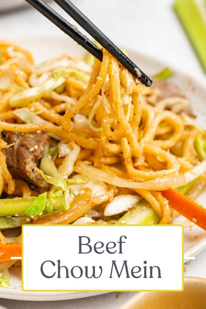 Pin graphic for beef chow mein