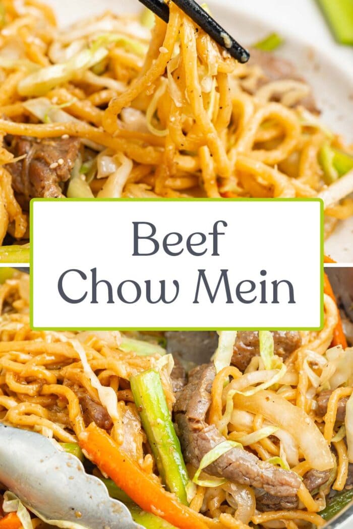 Pin graphic for beef chow mein
