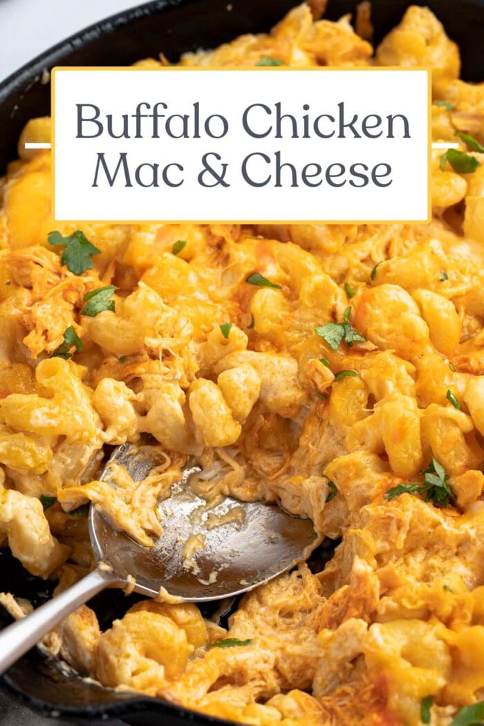 Pin graphic for buffalo chicken mac and cheese