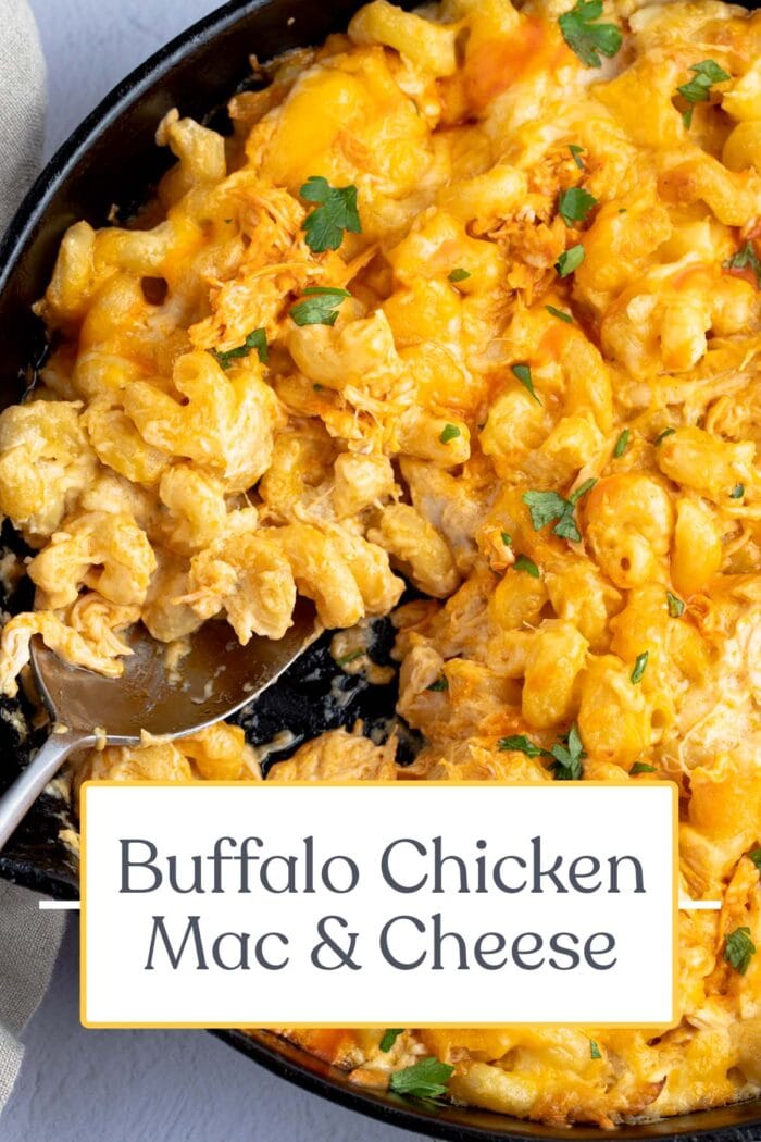 Pin graphic for buffalo chicken mac and cheese