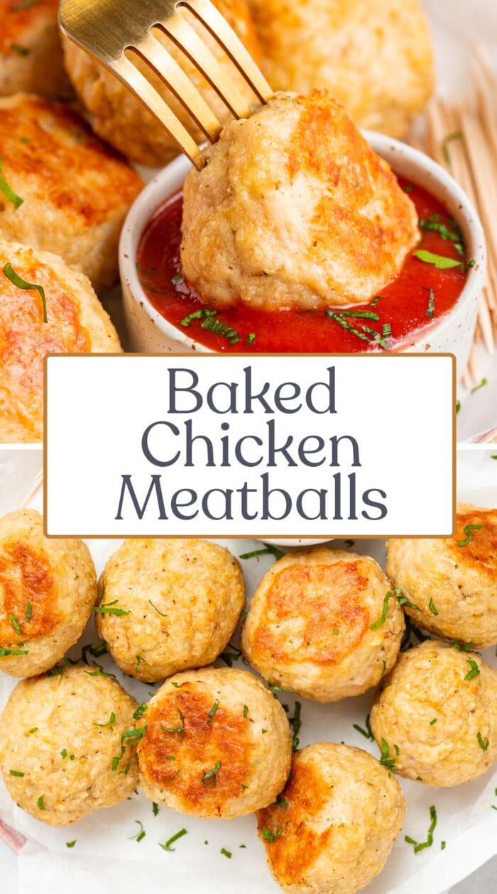 Pin graphic for baked chicken meatballs