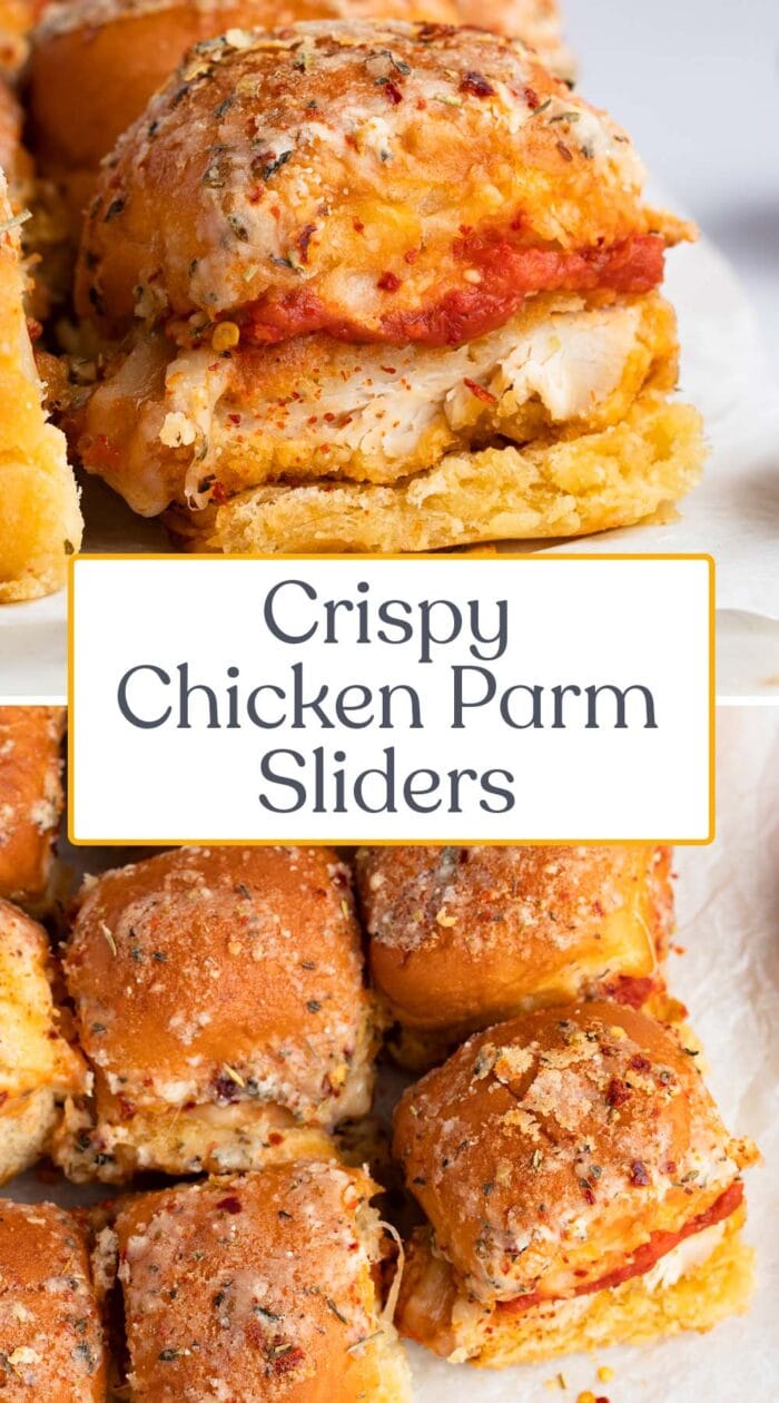 Pin graphic for crispy chicken parm sliders