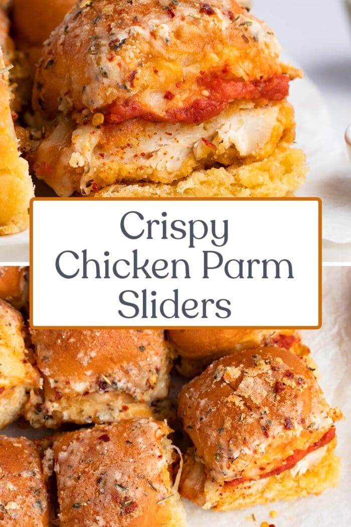 Pin graphic for crispy chicken parm sliders