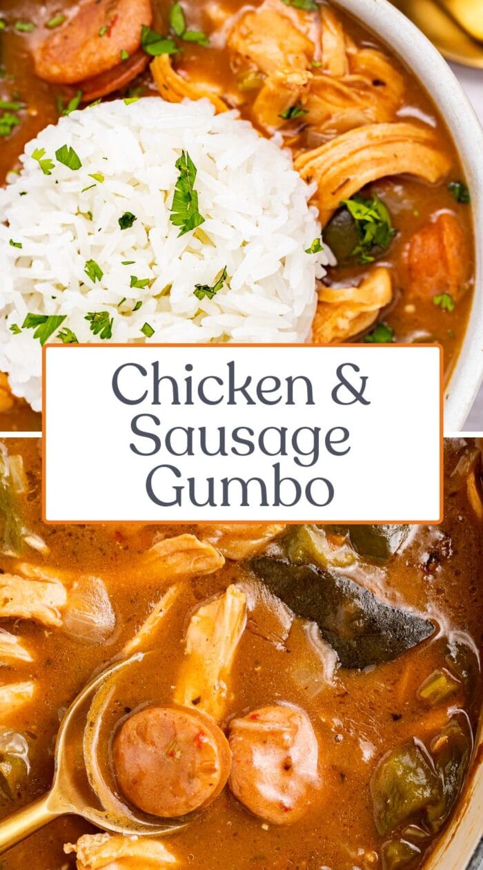 Pin graphic for chicken and sausage gumbo