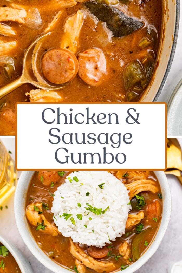 Pin graphic for chicken and sausage gumbo
