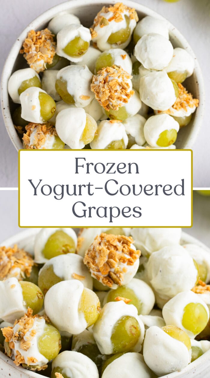 Pin graphic for frozen yogurt-covered grapes