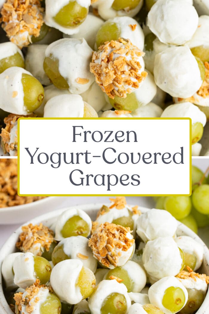 Pin graphic for frozen yogurt-covered grapes