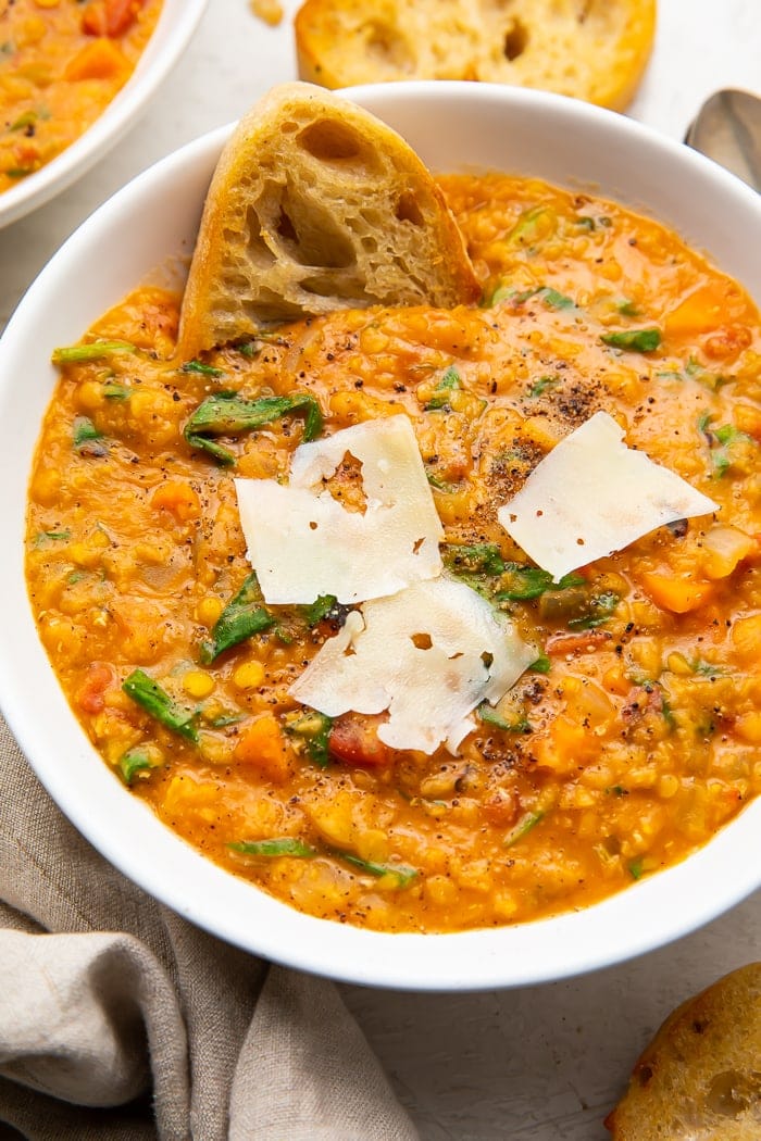 Instant Pot Lentil Soup in a white bowl