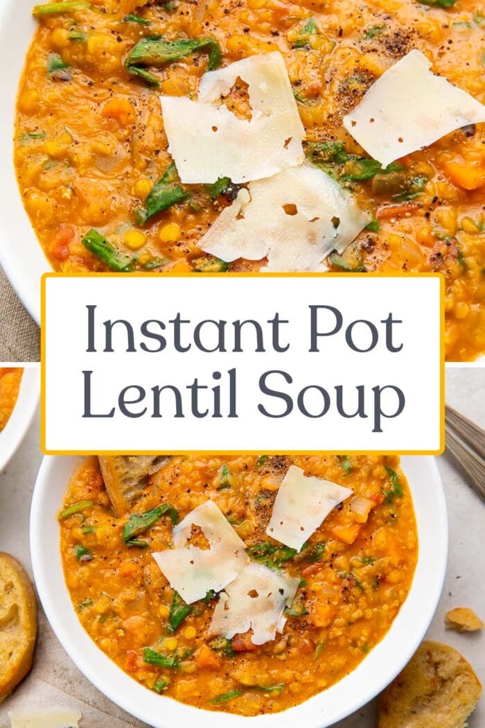 Pin graphic for Instant Pot lentil soup
