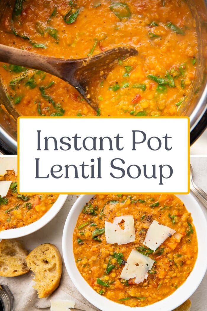 Pin graphic for Instant Pot lentil soup