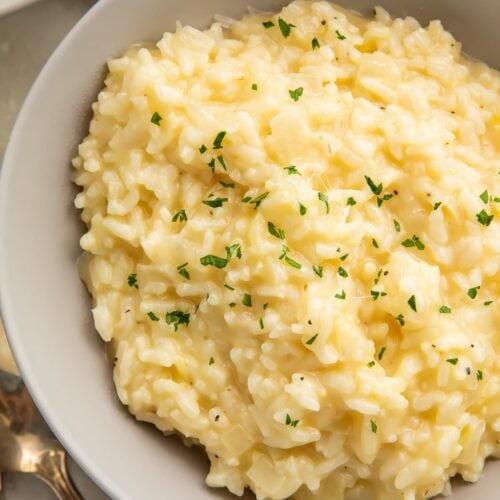 Instant Pot risotto in a large neutral bowl