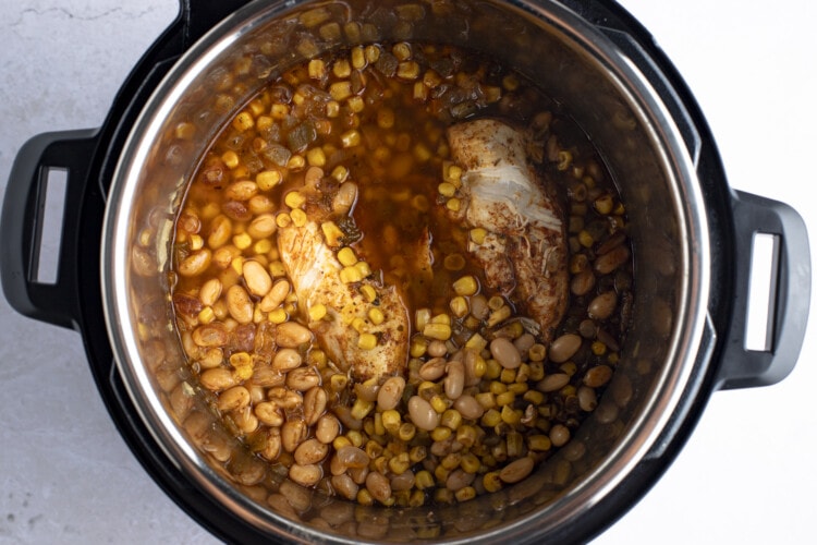 Beans and other chili ingredients in Instant Pot