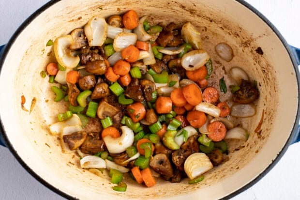 Keto beef stew veggies in dutch oven