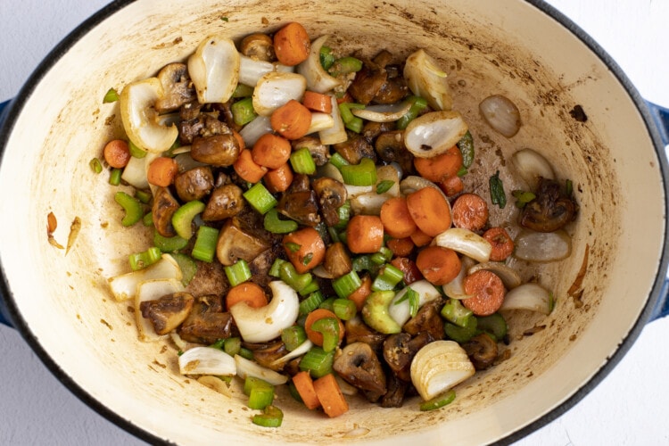 Keto beef stew veggies in dutch oven