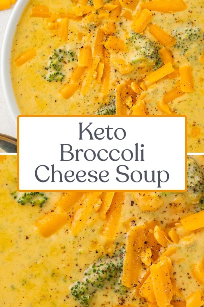 Pin graphic for keto broccoli cheese soup