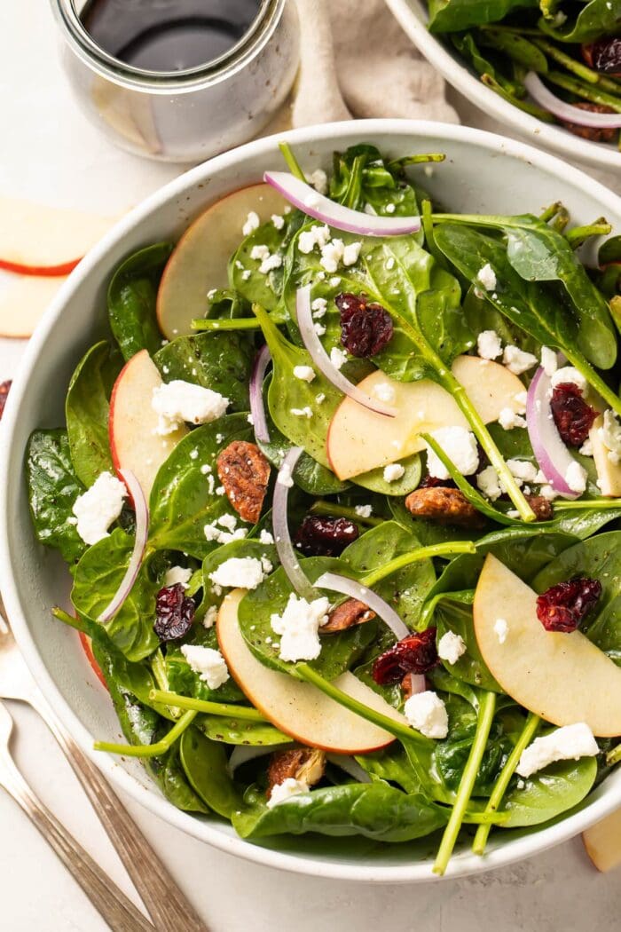 Overhead close-up photo of a spinach salad with crumbled feta, red onion, glazed pecans, and dried cranberries in a large bowl