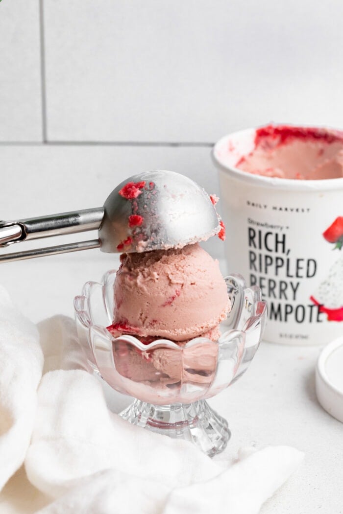 Daily Harvest scoops ice cream being scooped into a glass dish