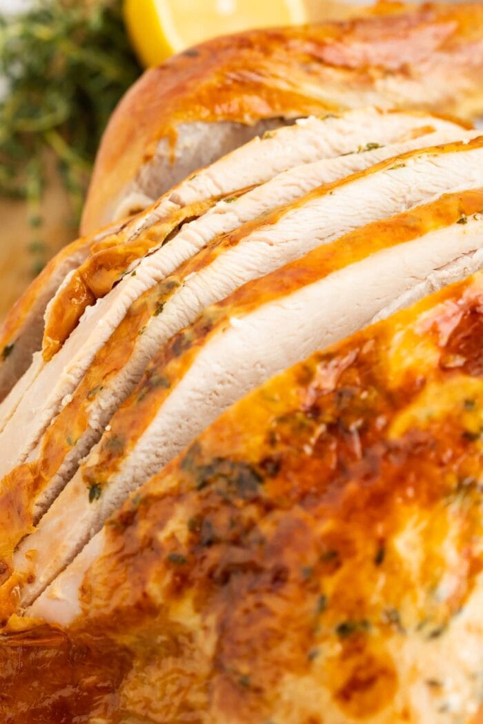 close up image of sliced sous vide turkey