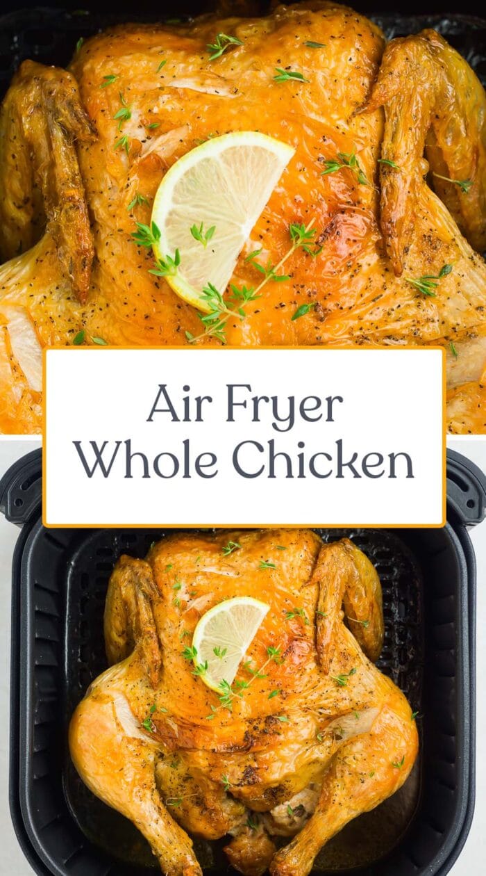 Pin graphic for air fryer whole chicken