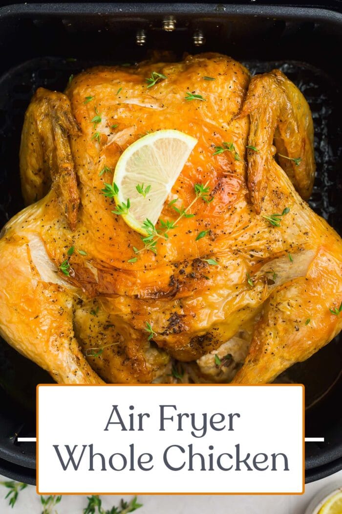 Pin graphic for air fryer whole chicken