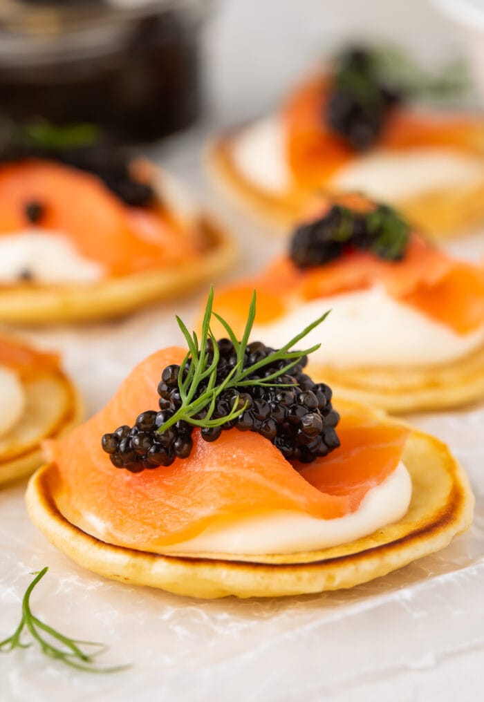 Close up of blini with salmon and caviar