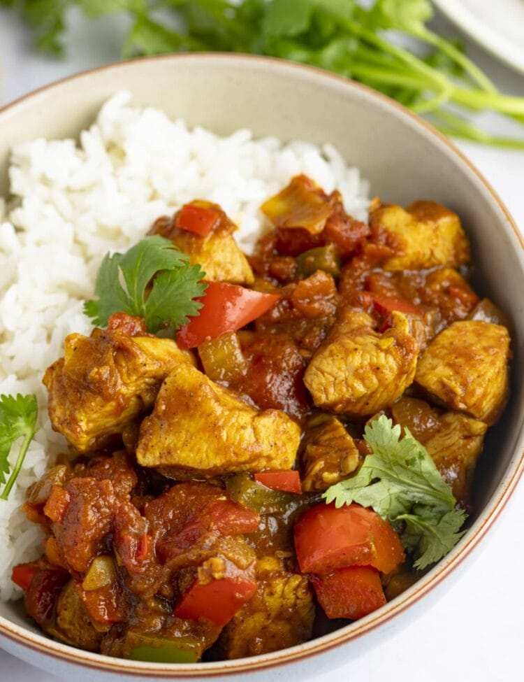 Chicken jalfrezi in a bowl with white rice