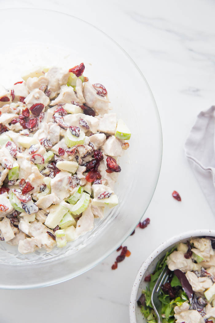 Cranberry chicken salad in a glass bowl