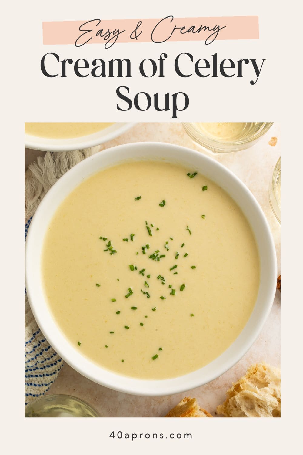 Pinterest pin for easy and creamy cream of celery soup recipe with text overlay