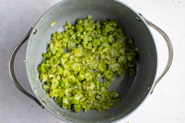 Celery, onion, and flour in large pot