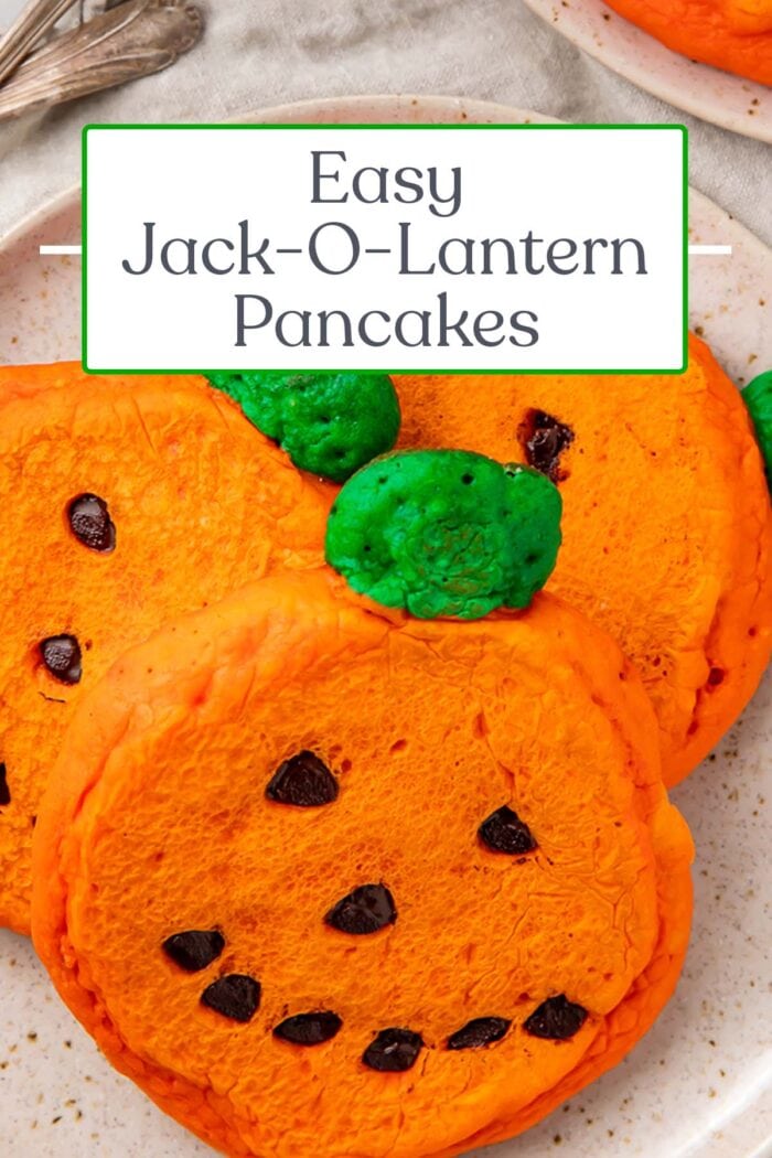 Pin graphic for jack-o-lantern pancakes