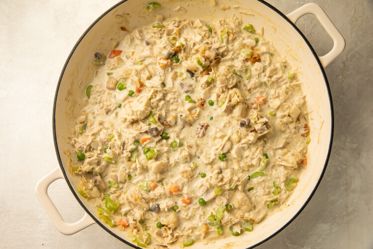 Keto chicken pot pie filling in large saucepan