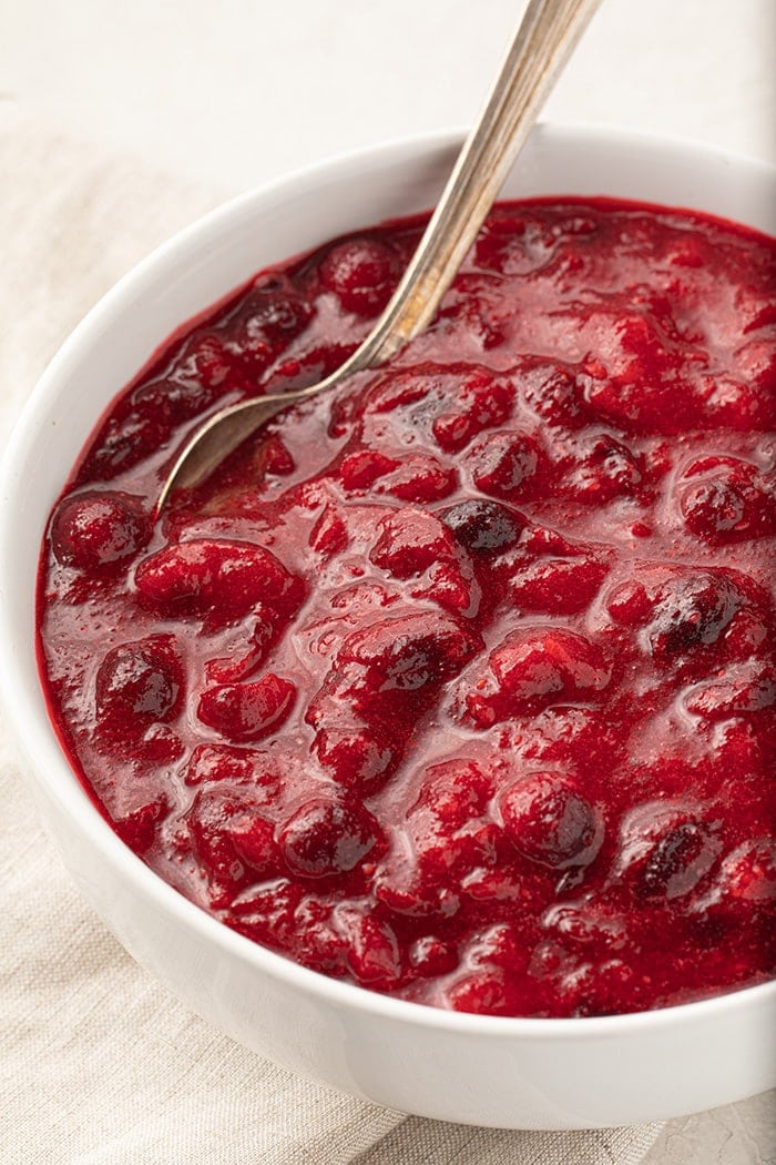 Keto cranberry sauce in a white bowl
