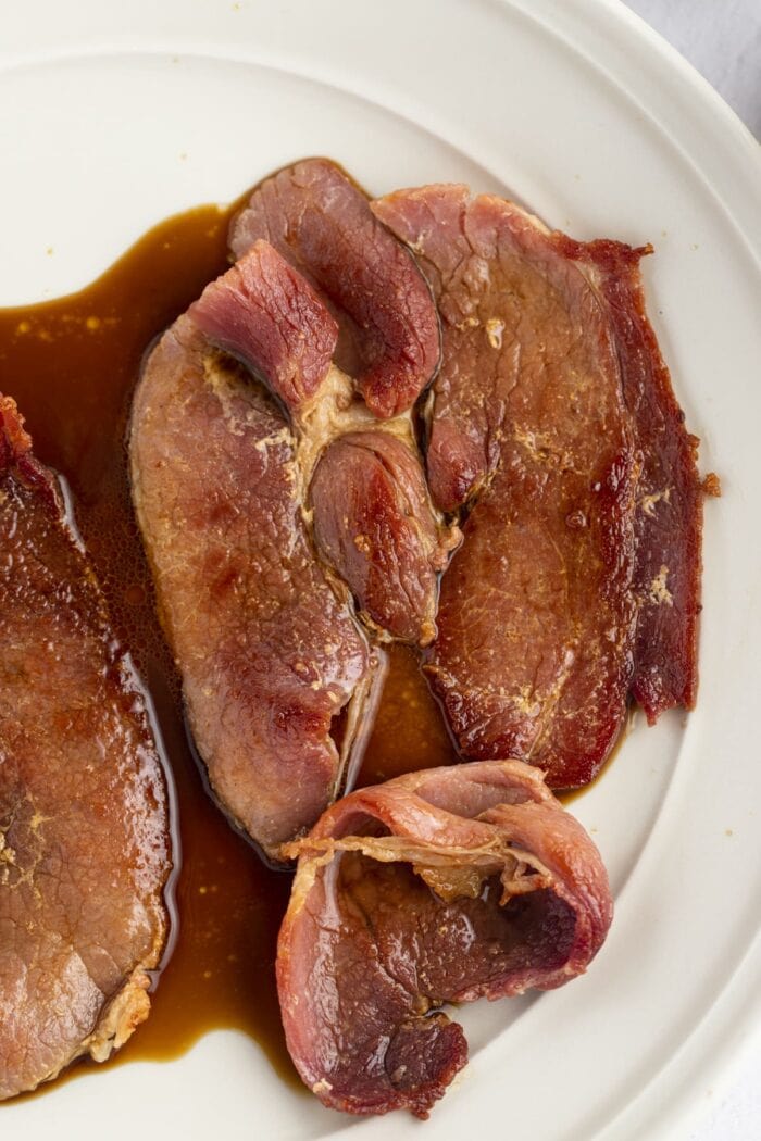 Close up view of country ham with red eye gravy