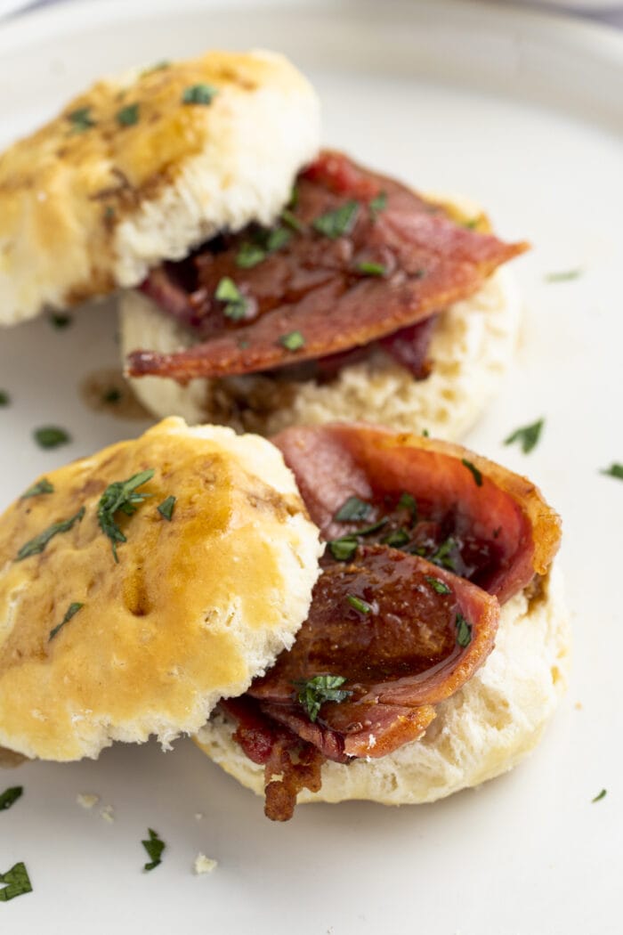 Red eye gravy on ham and biscuits