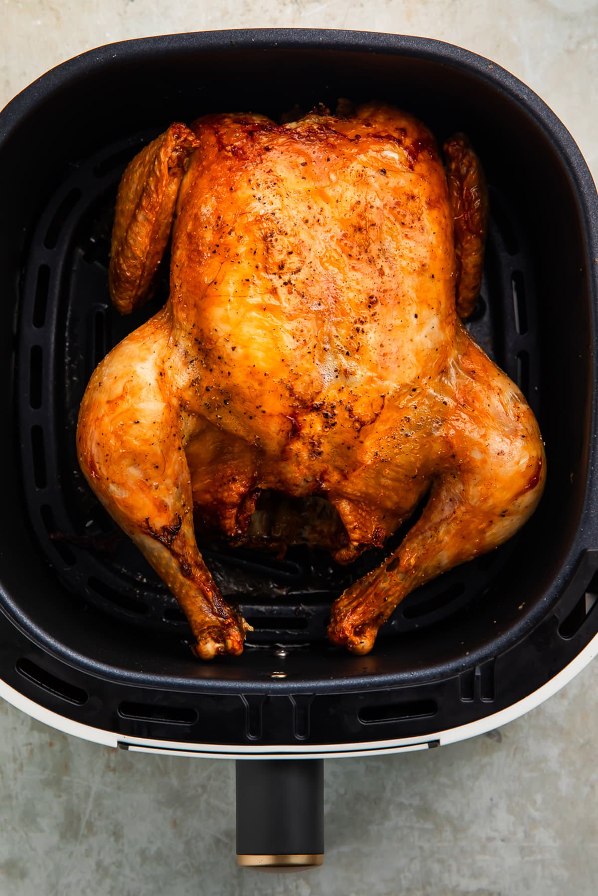 A whole chicken cooked in and resting in an air fryer basket.