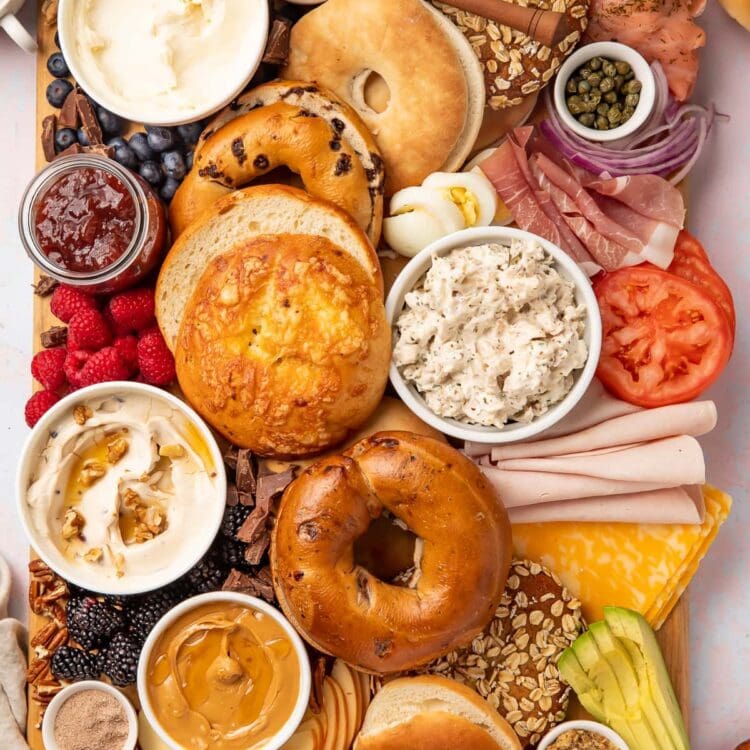 Overhead view of a bagel bar with various spreads