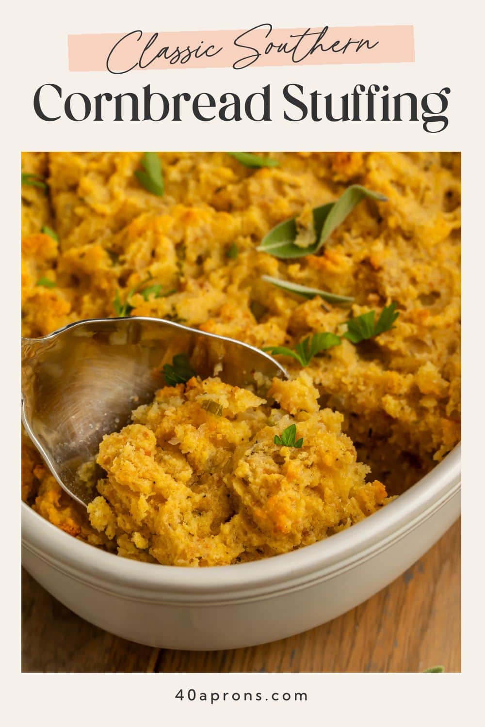 Pinterest pin showing golden cornbread stuffing being served with text reading Classic Southern Cornbread Stuffing.