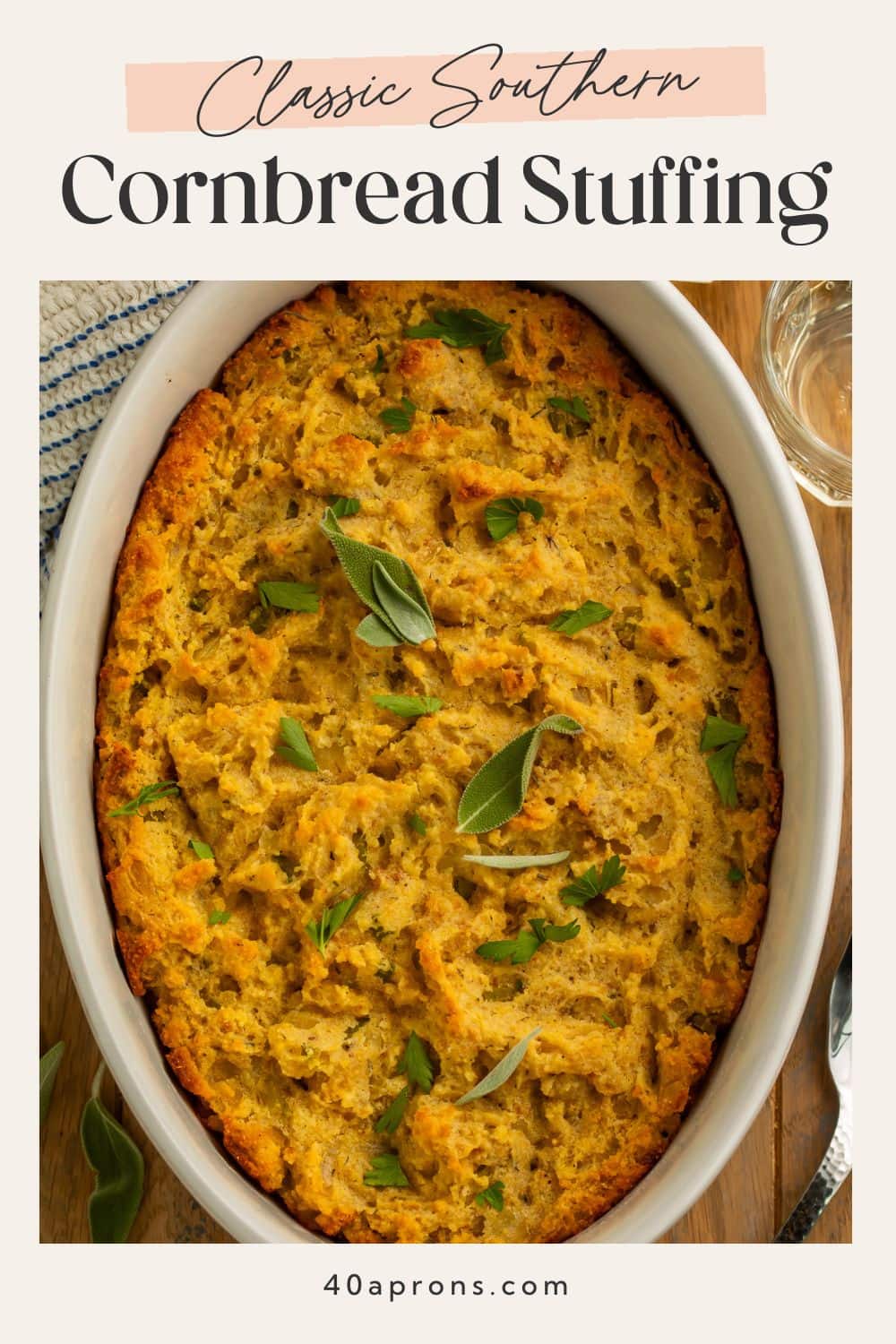Pinterest pin featuring overhead view of whole baked cornbread stuffing with text Classic Southern Cornbread Stuffing.