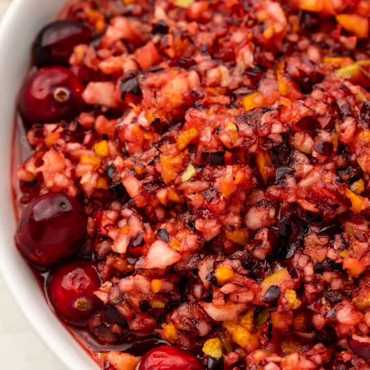 Overhead photo of cranberry relish in a large white bowl