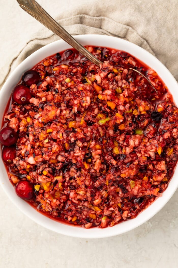 Overhead view of a bowl of cranberry relish