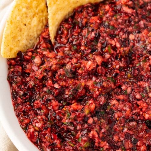 A large bowl of cranberry salsa with tortilla chips