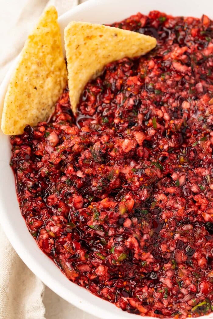 A large bowl of cranberry salsa with tortilla chips