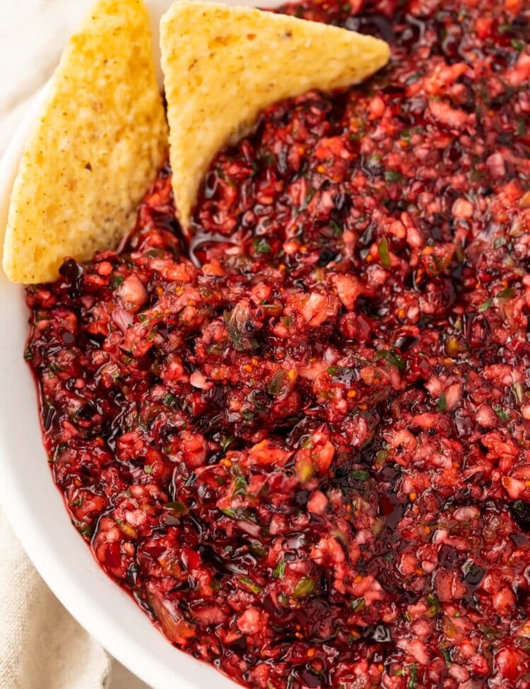 A large bowl of cranberry salsa with tortilla chips