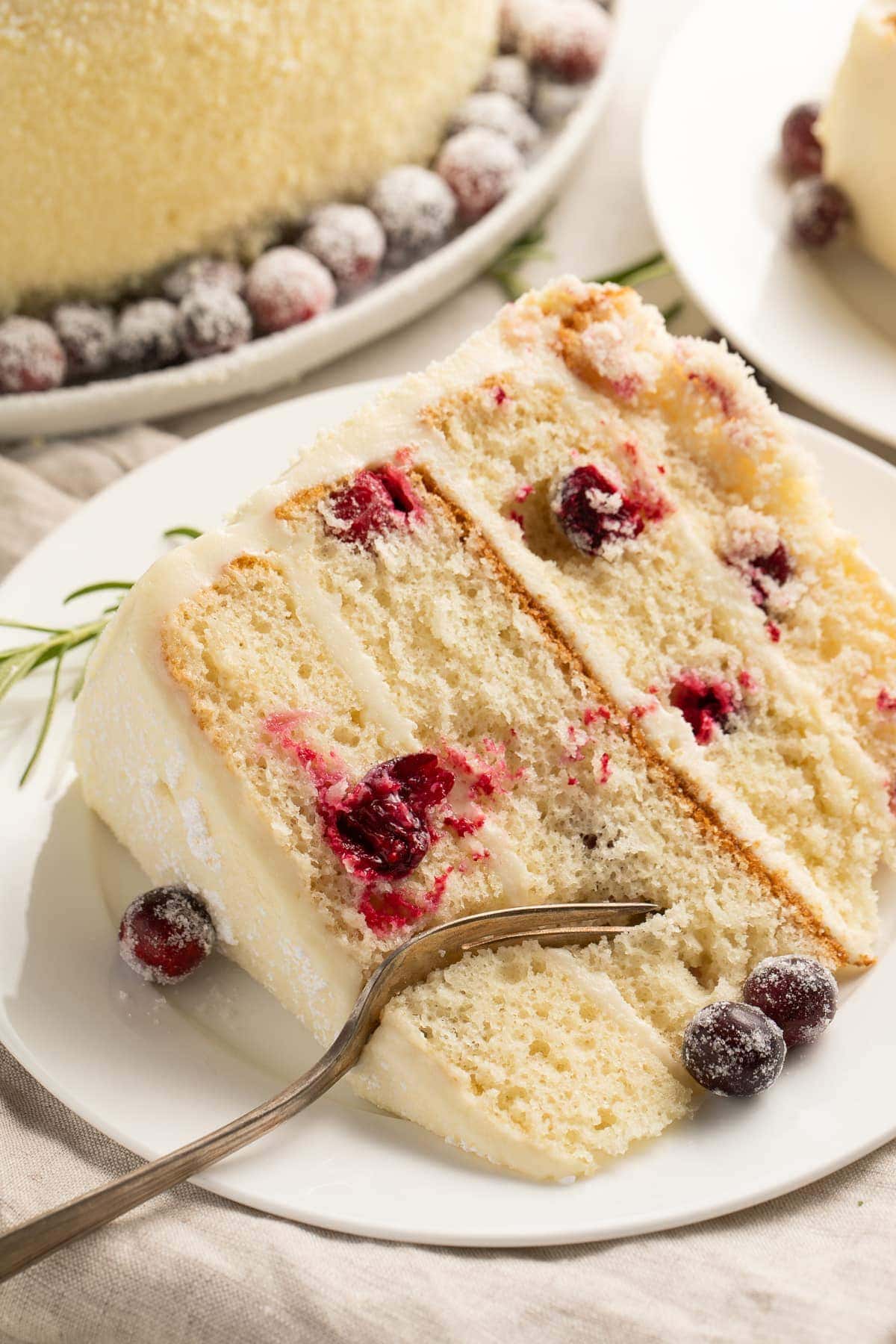 A slice of cranberry white chocolate cake on a white plate with a fork